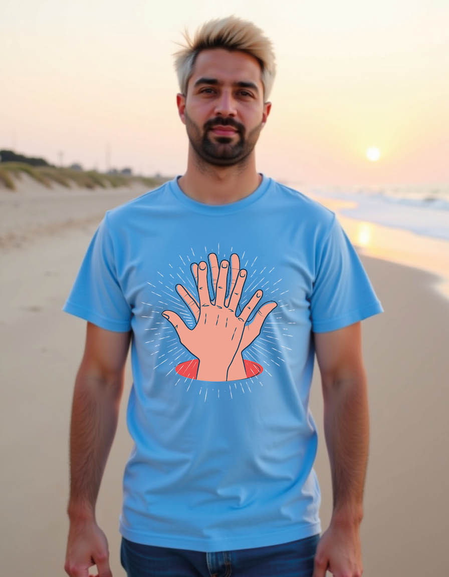 Thumbnail: high five with two hand palms clapping sunburst around mensprintedgraphic tshirt