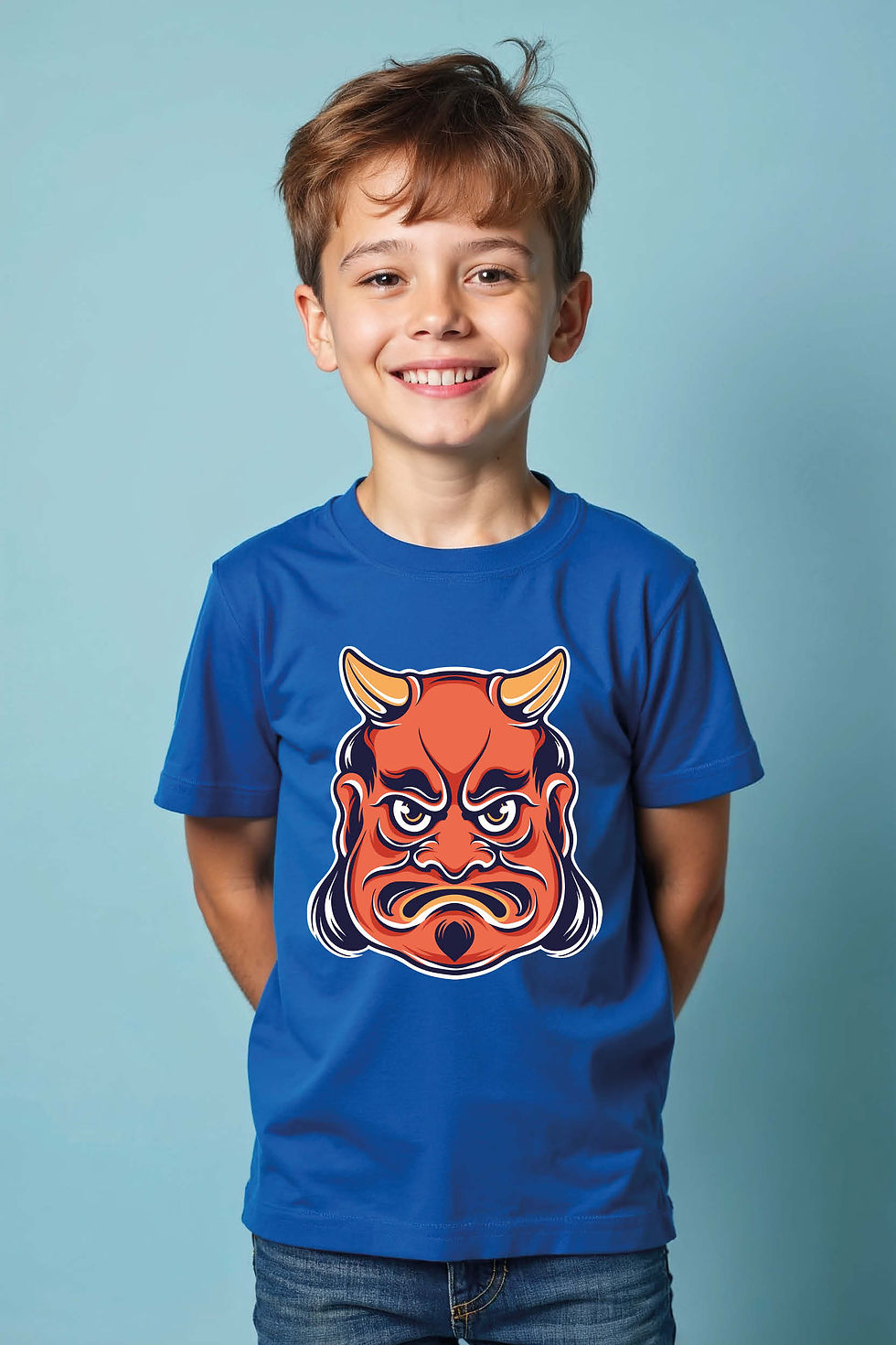 Angry Horned Japanese Demon Graphic Tee for Kids Soft Stylish Kids Graphic Tee