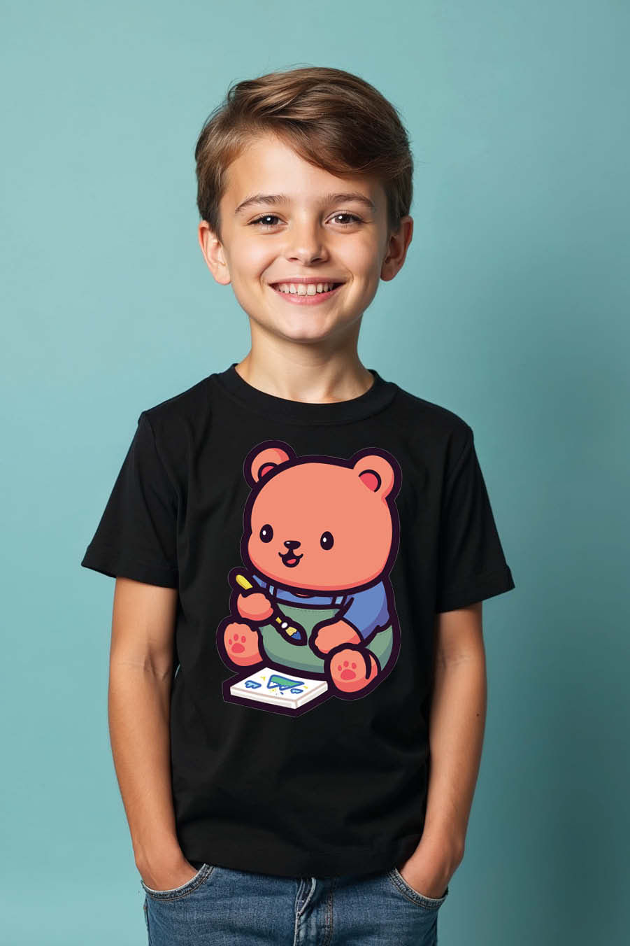Thumbnail: Cute Bear Painting with Brush Cute Cool  Kids T-Shirt – Superhero Print