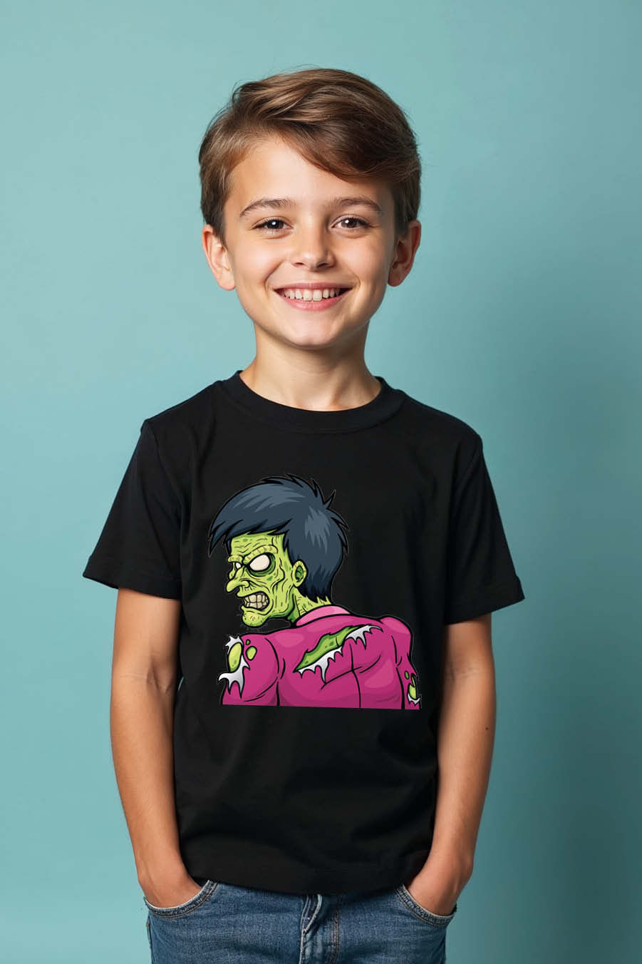 Thumbnail: Green Skinned Zombie in Torn Pink Shirt T-Shirt Fashion Casual Kids Printed tees