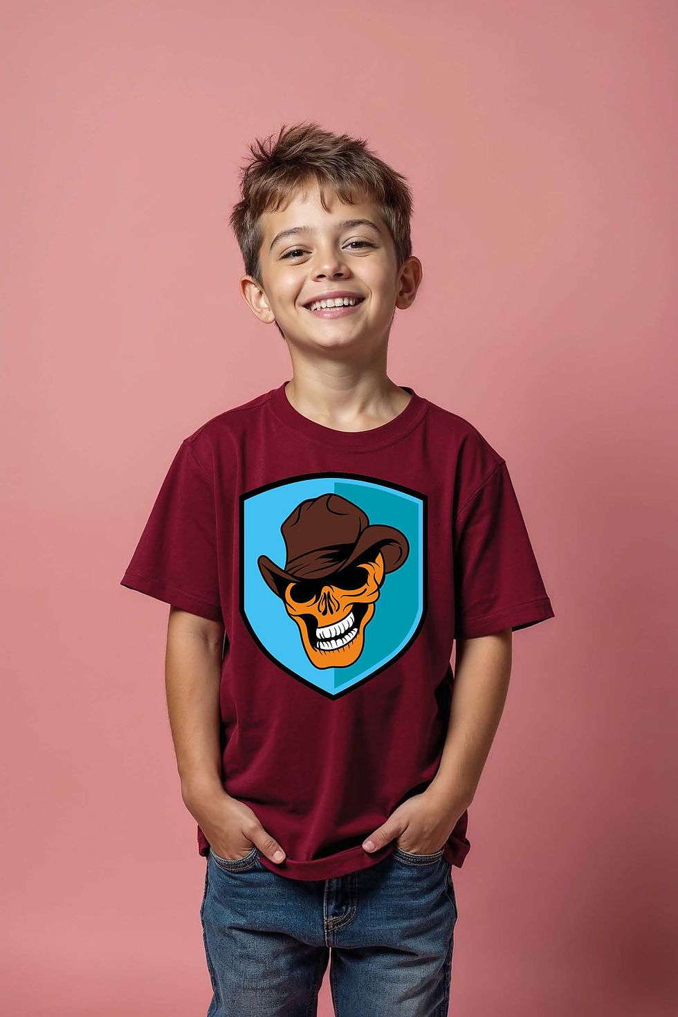 Thumbnail: Laughing Cowboy Skull Shield Cool Kids Graphic Tee – Drawing Print Design
