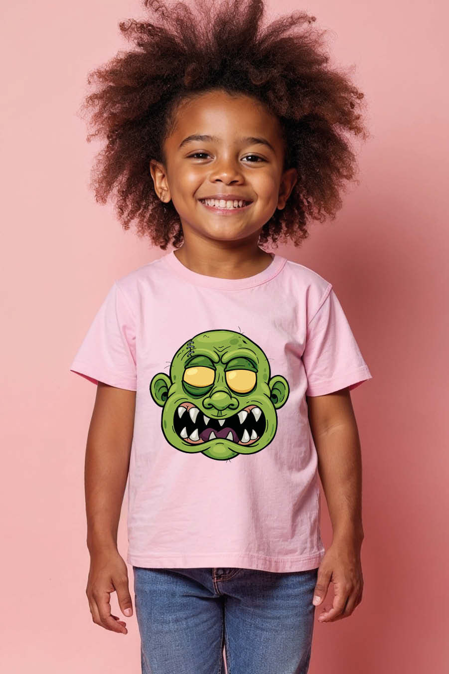 Thumbnail: Kids' Angry Green Zombie Face T-Shirt Comfortable Trendy Printed Tee