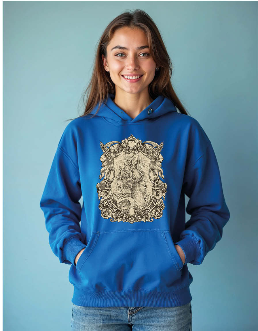 Thumbnail: baby baphomet and mother with engraving Unisex Graphic Printed Hoodies