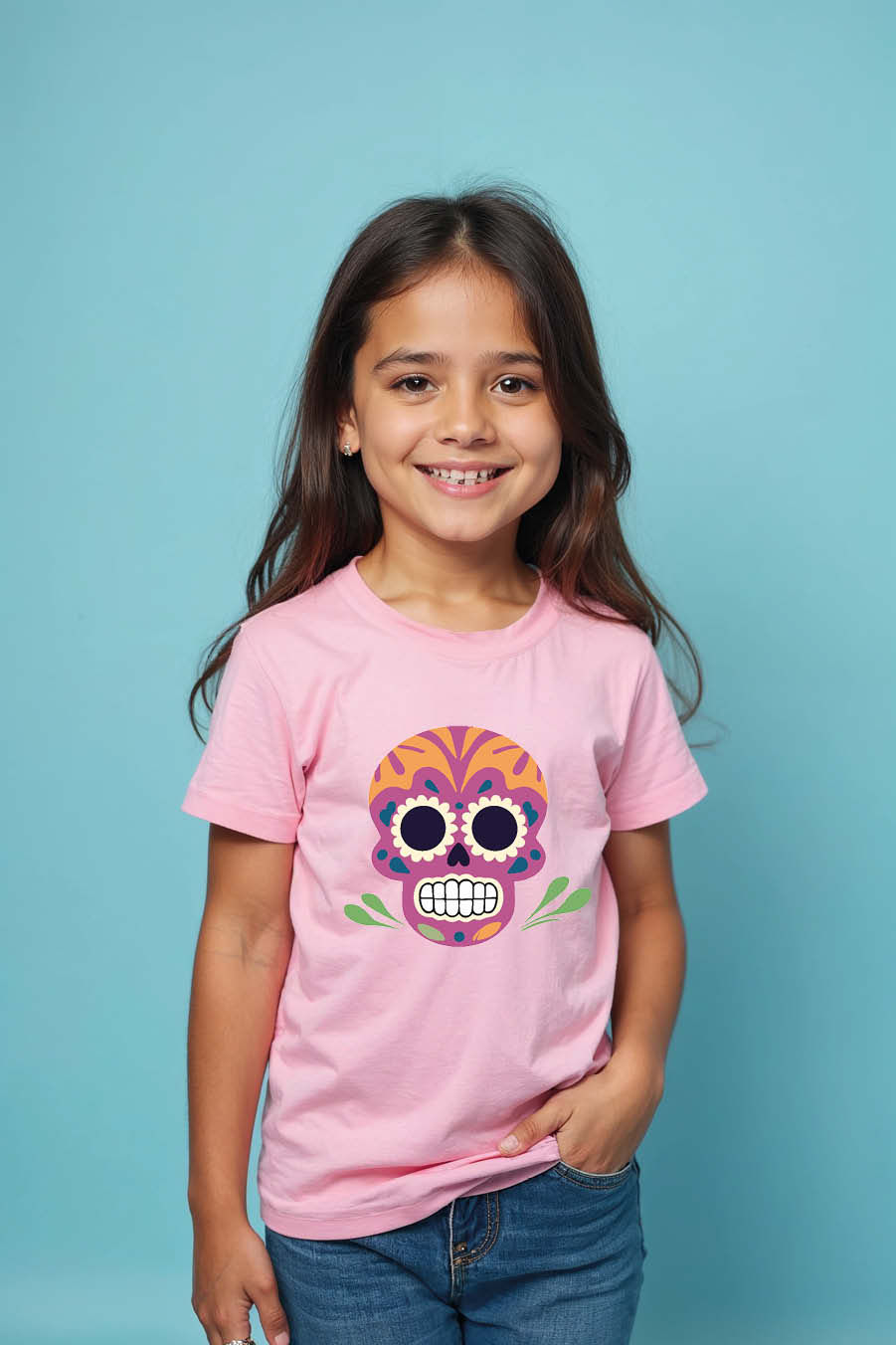 Thumbnail: Youth Orange Sugar Skull Graphic T-Shirt Premium Cool  Kids T-Shirt