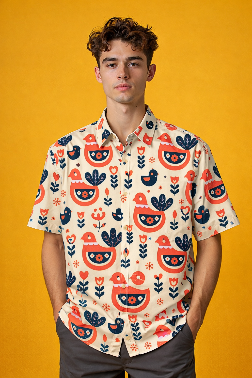 a folk-art style chicken and floral Exclusive Patterned Oversized Shirt