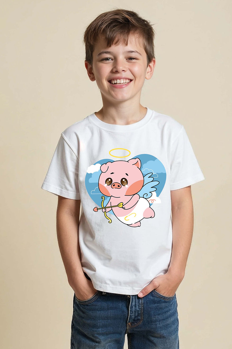 Thumbnail: Child's Tee with Cartoon Pig Angel and Heart Design Trendy Stylish Kids Graphic