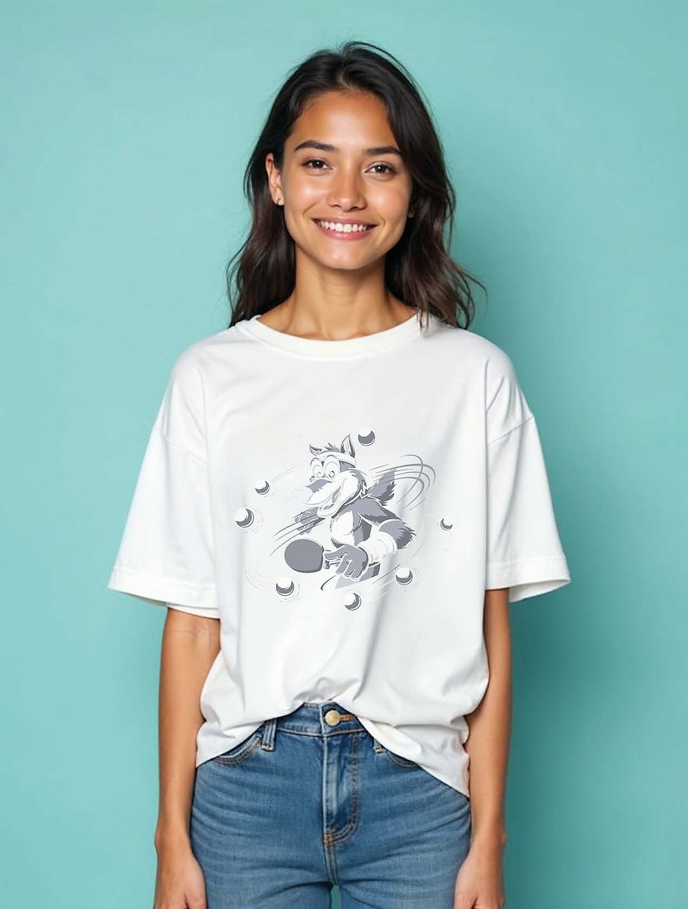 Thumbnail: Cartoon Wolf Juggler Trendy Unisex Drop Shoulder Oversized T-Shirt