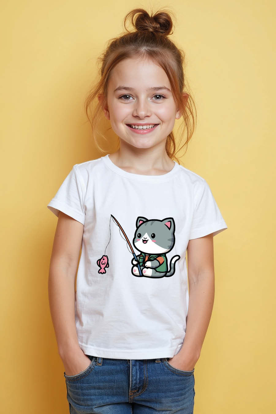 Thumbnail: Chubby Cat Fishing Trip Premium Stylish Kids Graphic T-Shirt – Graphic Print