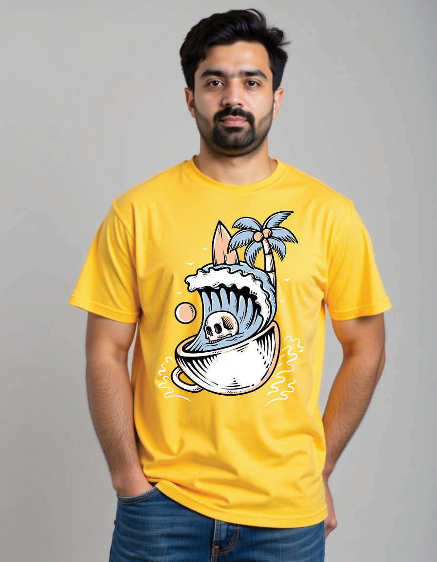 Thumbnail: skull head surfing summer beach with coffee cup mens printed graphic t shirts