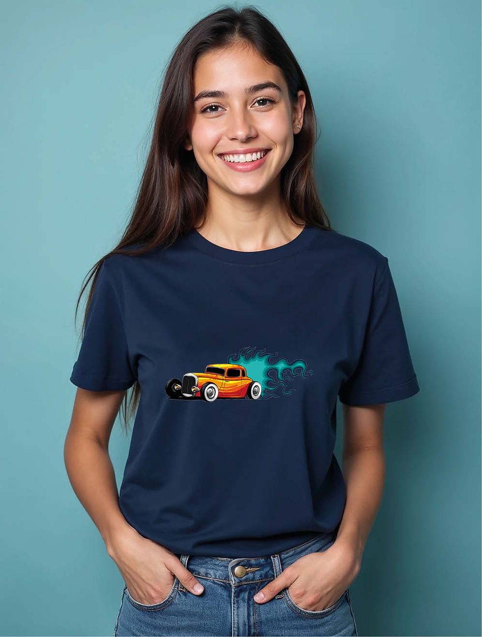 Thumbnail: Flaming Hot Rod with Blue Speed Modern Women’s Printed Graphic Streetwear Tees