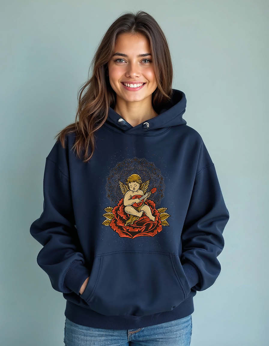 Thumbnail: cupid angel playing a guitar while sitting on a rose Unisex Graphic hoodies