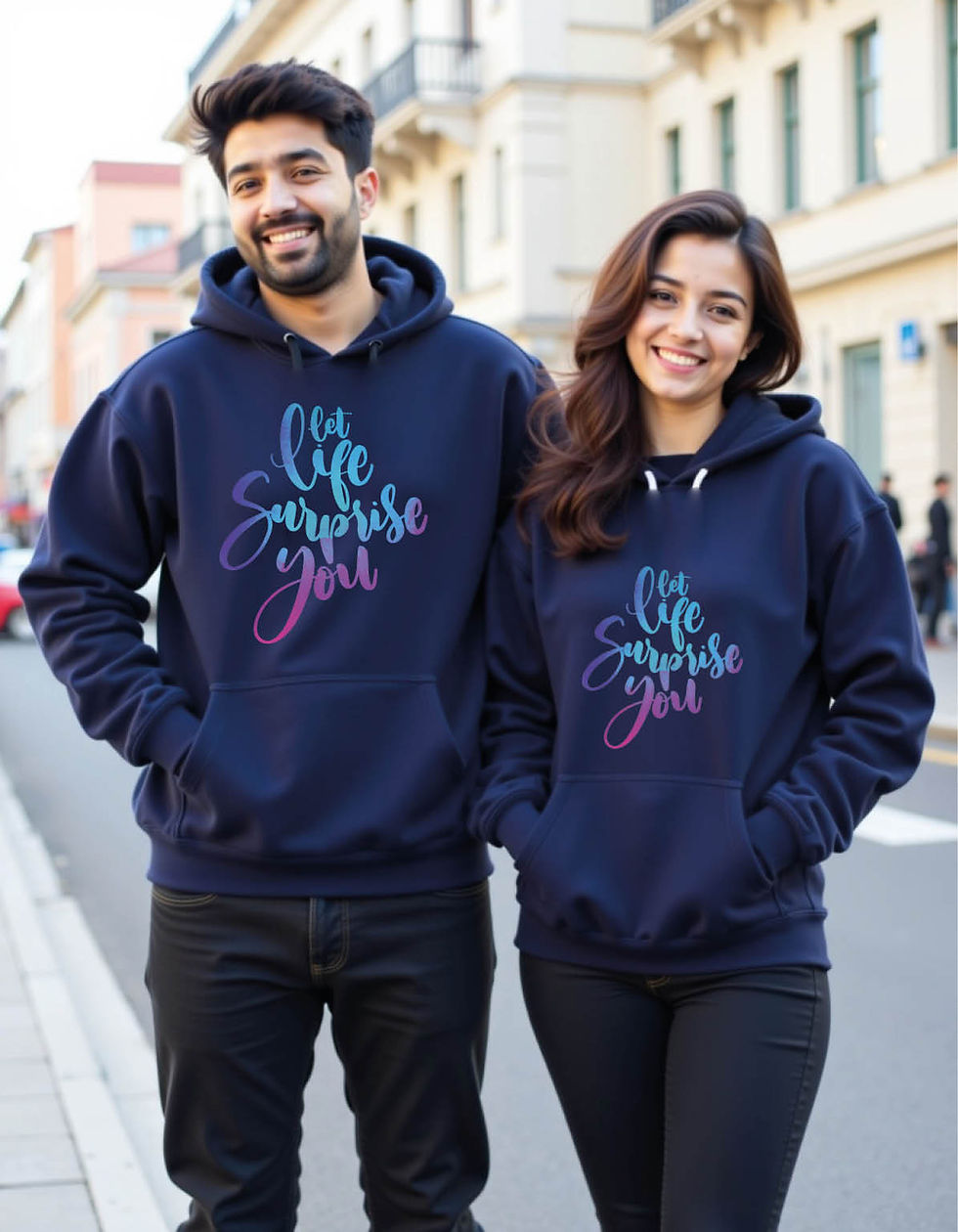 Thumbnail: let life suprise you Trendy Printed Graphic Couple Hoodies