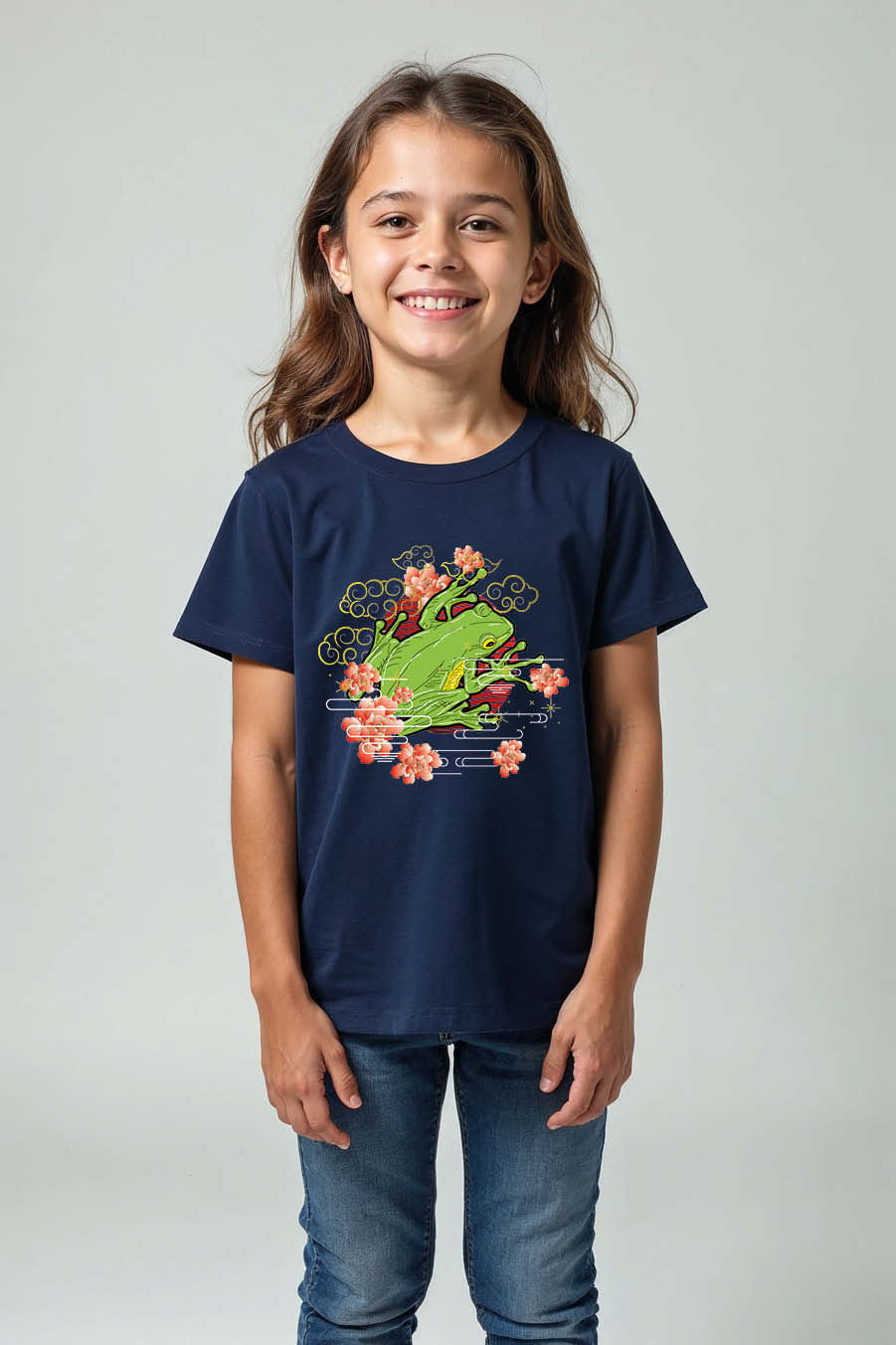 Thumbnail: Frog T-Shirt with Green Frog and Festive Cherry Blossoms Modern Unisex Kids