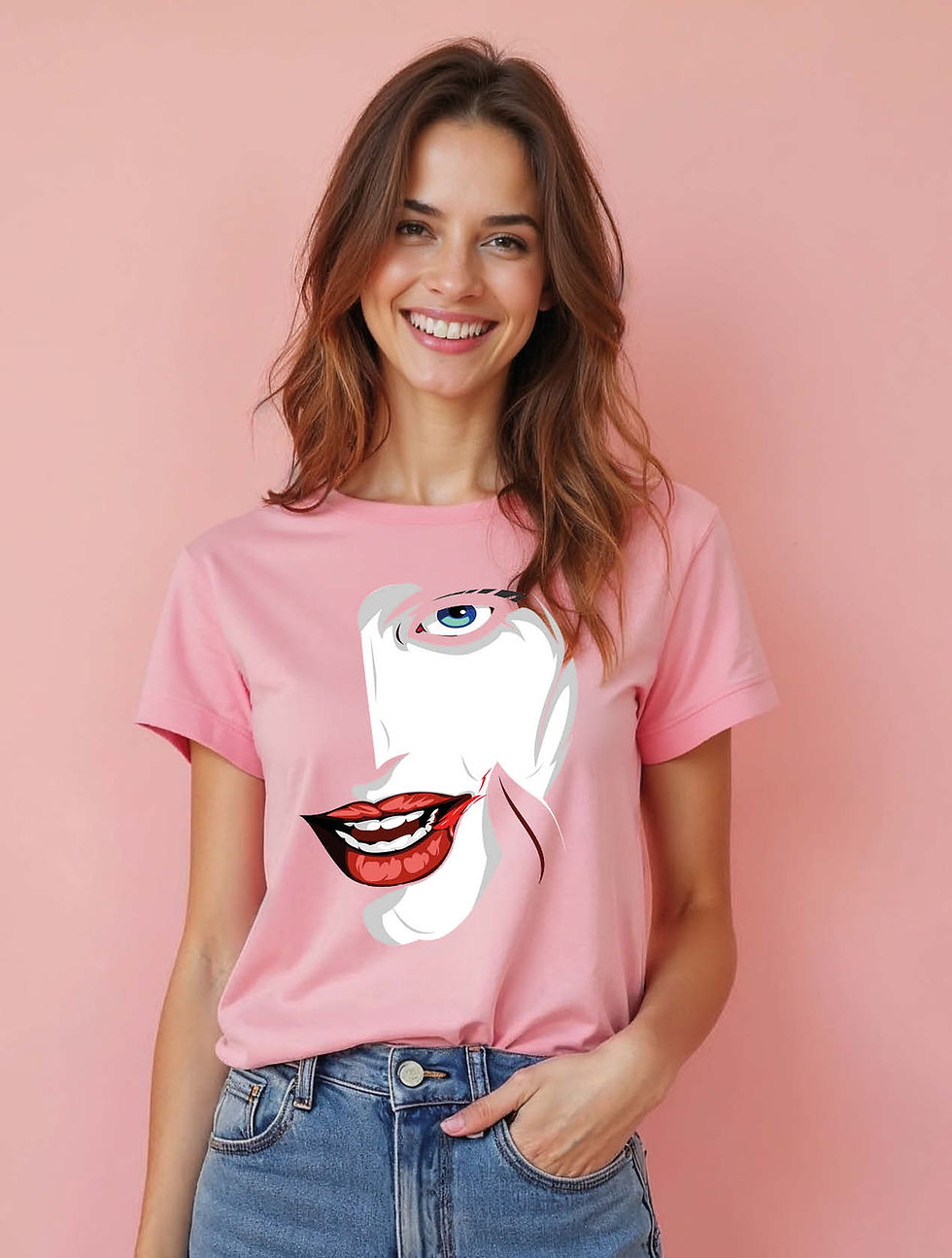 Thumbnail: Stylized Face with Wide Grin  Chic Women’s Streetwear T-Shirt – Sale