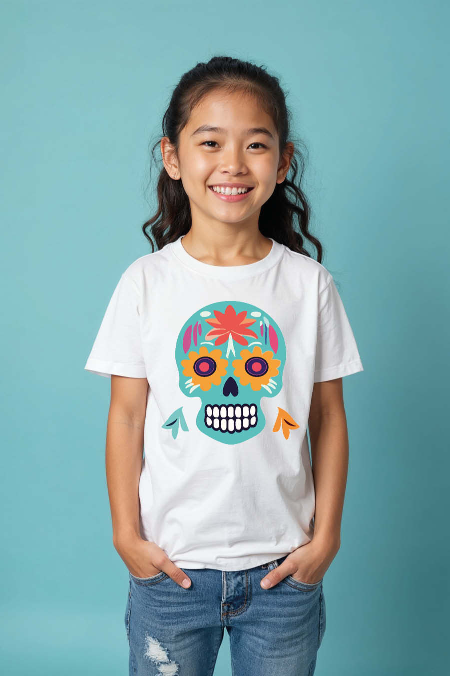 Thumbnail: Colorful Sugar Skull Kids T-Shirt – Fun Vibrant Graphic Tee for Boys & Girls