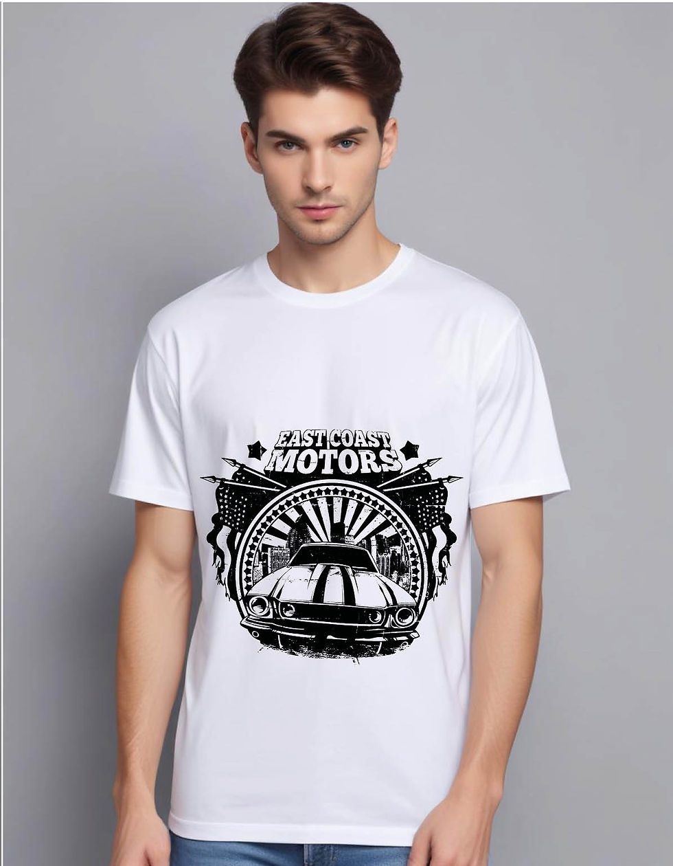 Thumbnail: east coast motors retro speed car with black urban mens printed graphic t shirt