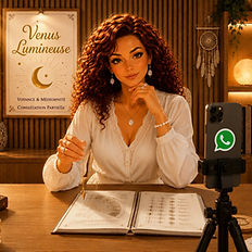 Consultation partielle de voyance par WhatsApp avec Venus Lumineuse. Consultation de 30 minutes en visioconférence avec guidance personnalisée, radiesthésie au pendule et accompagnement spirituel.