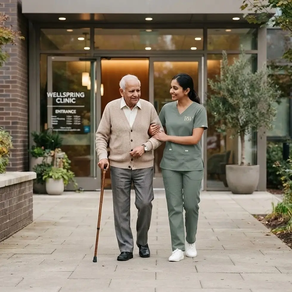 Lifestyle photography of a nurse helping an elderly man with a cane enter a clinic. The atmosphere is caring, professional, and supportive.