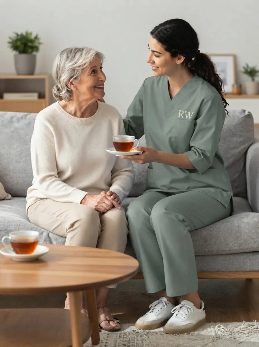Studio photography of a friendly caregiver in scrubs serving tea to an elderly woman on a sofa. The scene is warm and comforting, highlighting a supportive caregiving relationship.