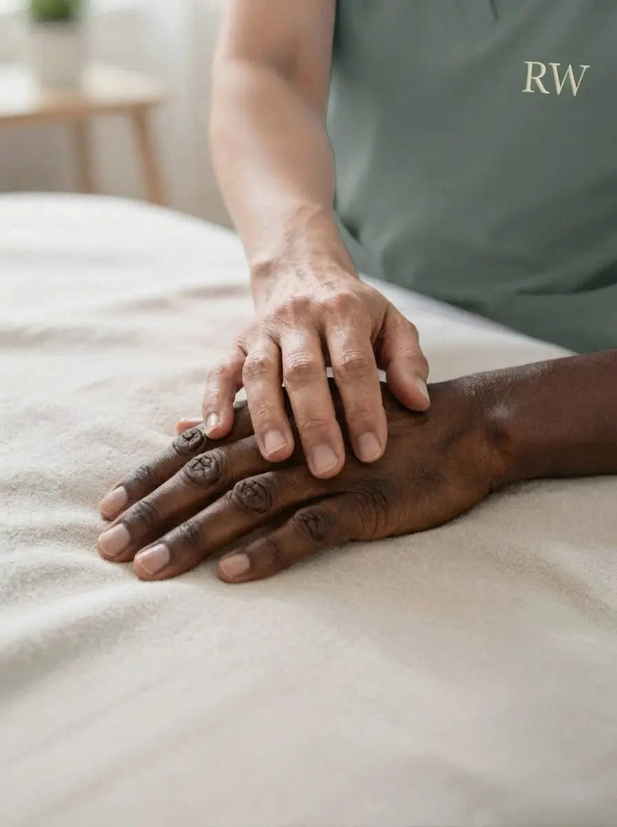 Studio photography of two hands resting gently together, showing a supportive, caring touch. Soft, natural lighting creates a calm and soothing atmosphere.