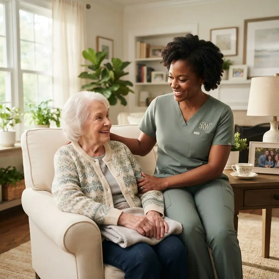 Studio photography of a caregiver sitting with an elderly patient in a cozy, sunlit living room. The tone is compassionate and professional, illustrating home health care.