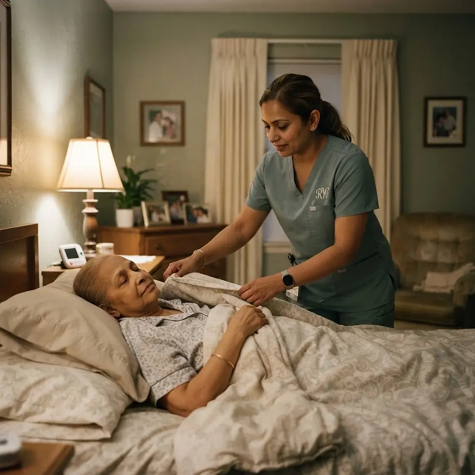 Studio photography, a compassionate caregiver adjusting the blankets for an elderly woman resting in a comfortable, dimly lit bedroom. The scene evokes a gentle and professional home care atmosphere.