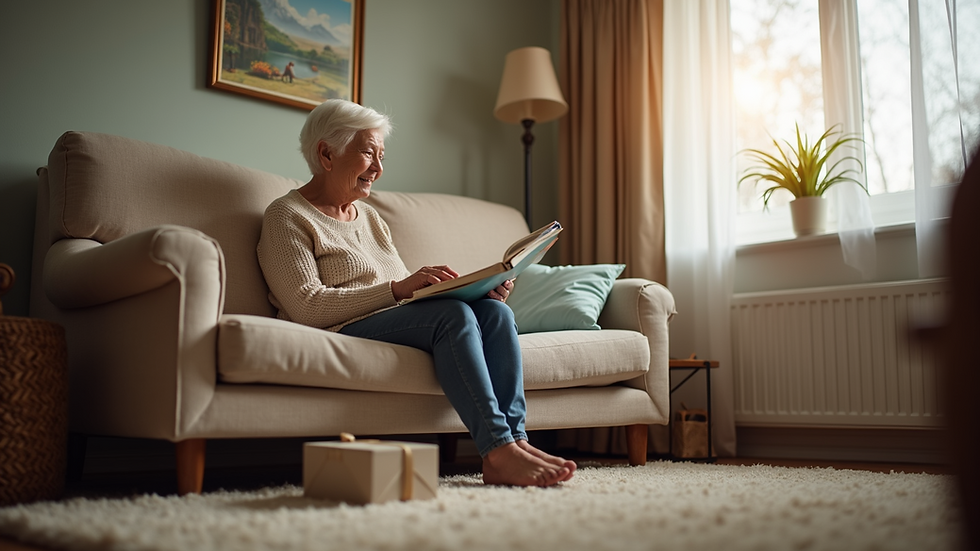 Eye-level view of a senior’s cozy living room with personalized care items