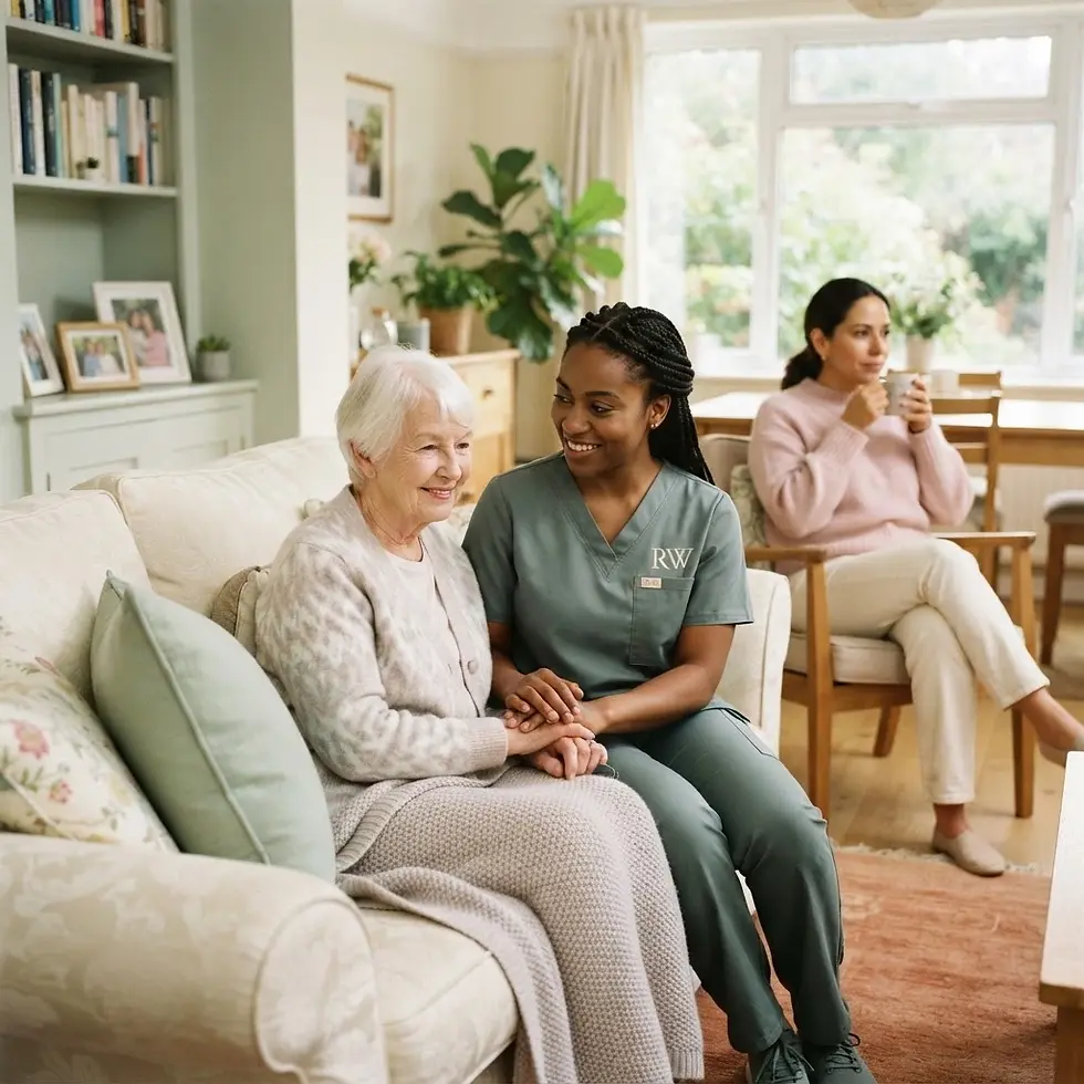 Studio photography of a caregiver holding hands with an elderly woman on a sofa in a warm, brightly lit living room. A third person sits in background, suggesting a comfortable, supportive home care environment.