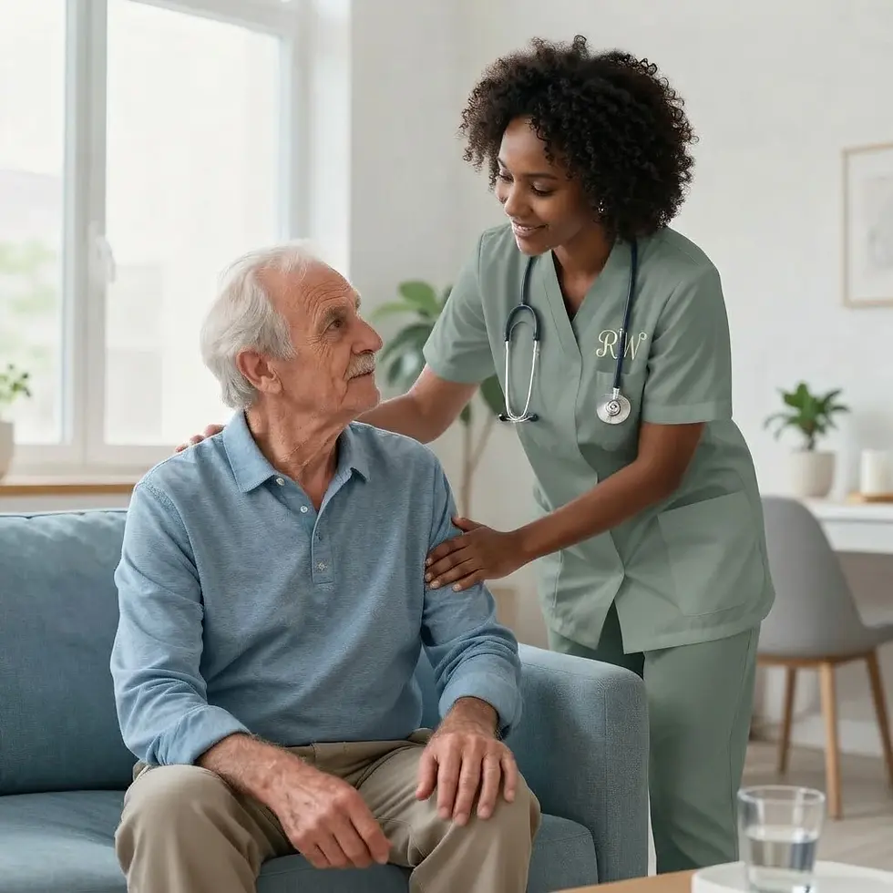 Studio photography of a kindly caregiver with a hand on the shoulder of an elderly man sitting on a sofa. The scene is bright and comforting, suggesting professional home care services.