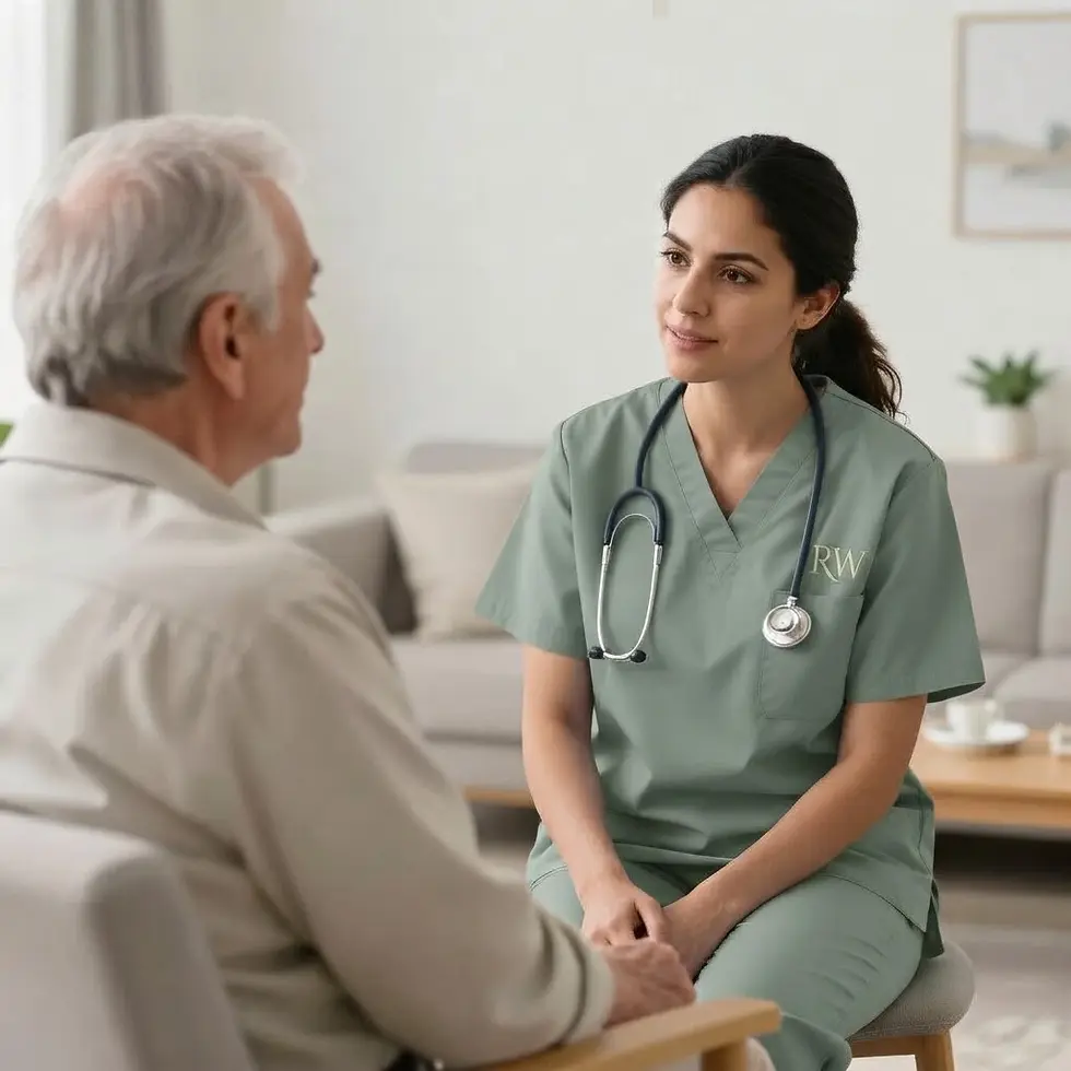 Studio photography of a young female caregiver in green scrubs speaking with an elderly man. The scene conveys a sense of professional care, empathy, and comfort in a home-like setting.