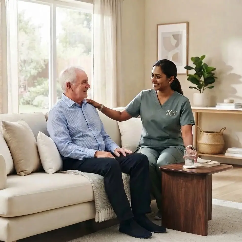 Studio photography, a cheerful caregiver sits with an elderly man on a sofa, offering gentle companionship. The scene conveys warmth and professional care in a bright, modern living room.