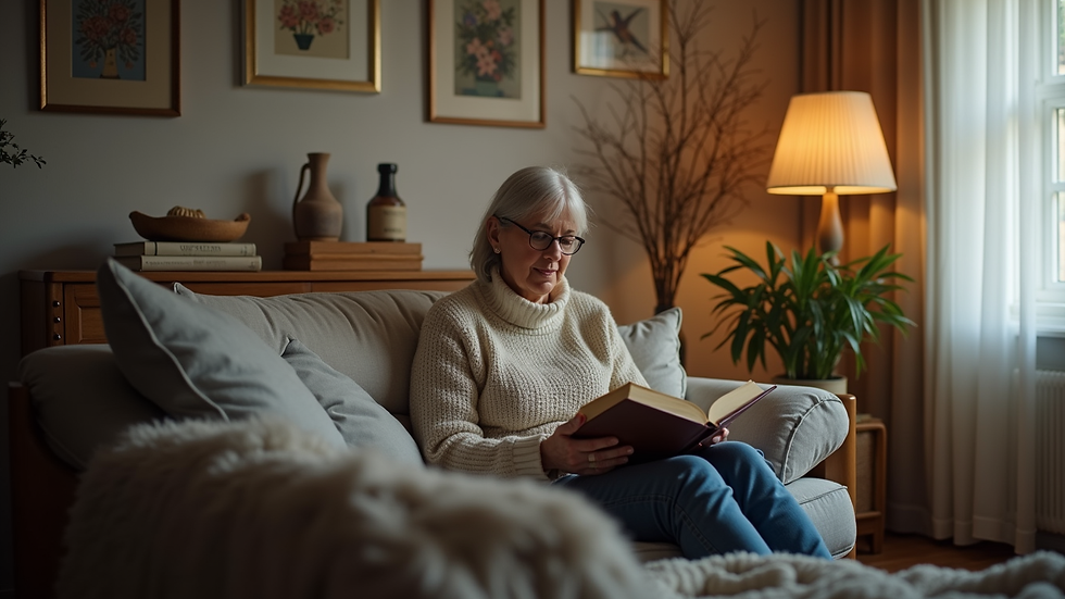 Eye-level view of a cozy living room with a caregiver reading a book
