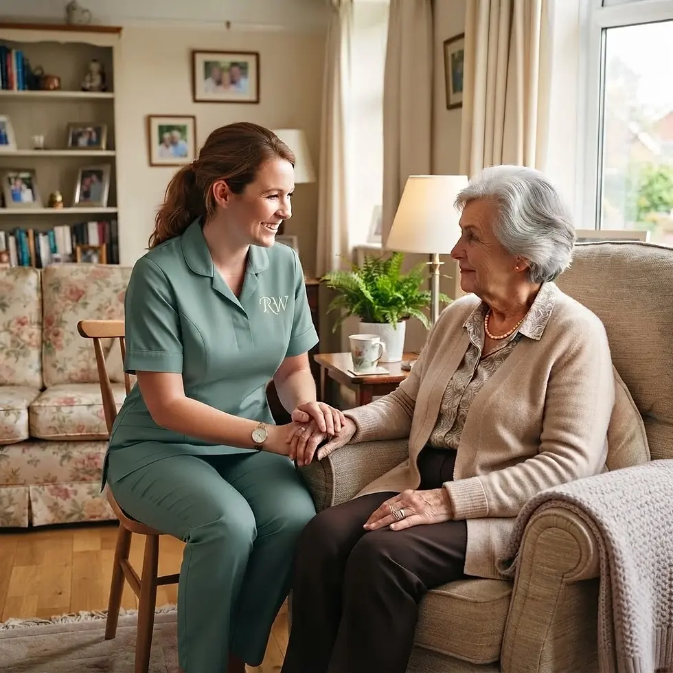 Studio photography of a caregiver sitting with an elderly patient. The atmosphere is warm and comforting, highlighting a caring professional relationship.