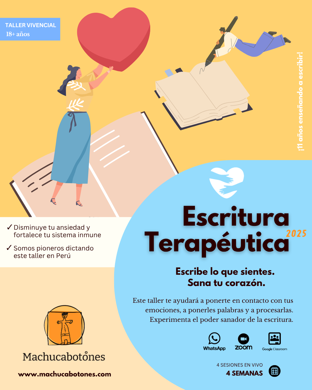 Flyer del taller "ESCRITURA TERAPÉUTICA" de Machucabotones para conectar contigo mismo y reducir la ansiedad