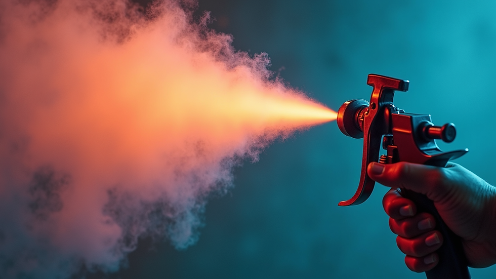 Close-up view of a spray gun with paint mist in the air