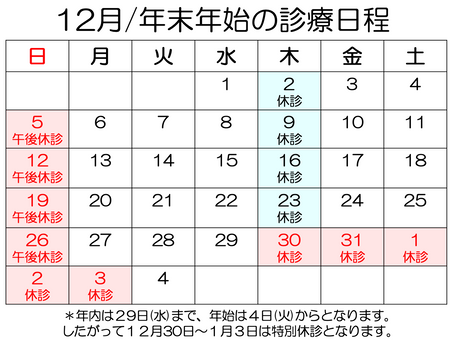 年末年始の診療日程(2021-22)