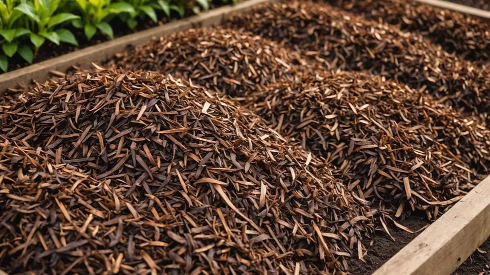 Close-up view of brown wood mulch spread across an elegant garden bed