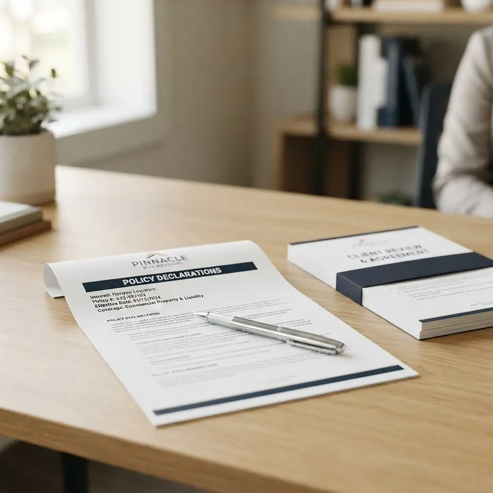 Studio photography of a policy declaration document and a pen resting on a wooden office desk. The scene has a professional, clean, and organized atmosphere.