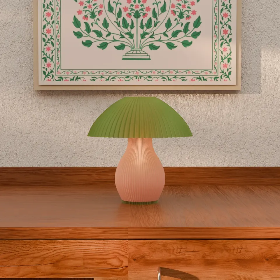 Pink Mushroom lamp on wooden table with painting background and Haydn.in