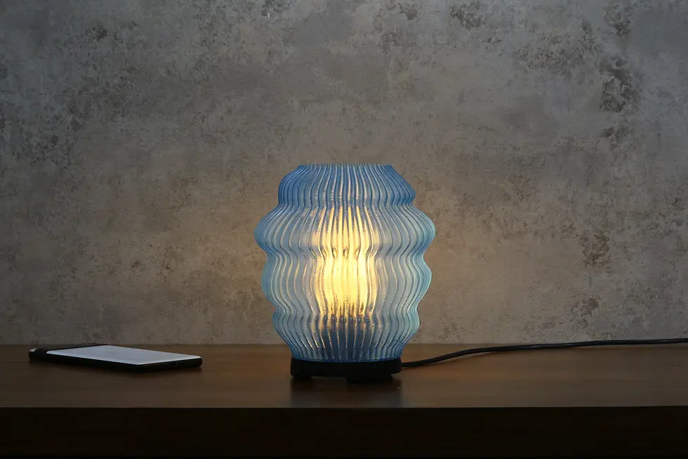 Blue Lava Bloom Lamp on Wooden Table – Designer Ambient Light – Haydn
