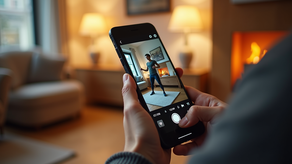 Close-up view of a smartphone displaying a workout video in a cozy home setting