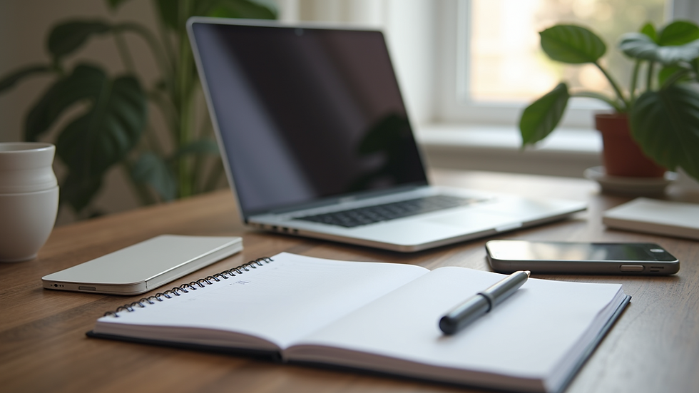 Eye-level view of a desk with a laptop and a notepad