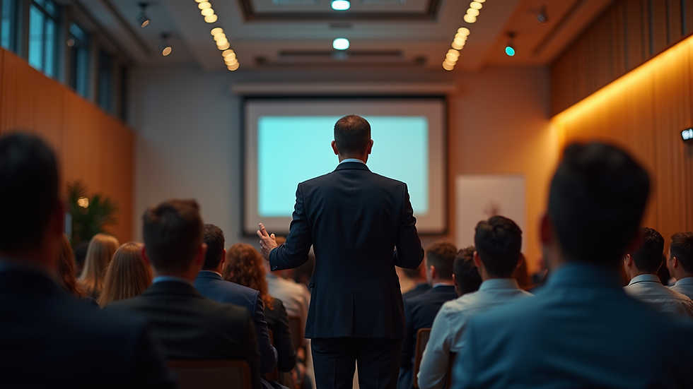 Eye-level view of a motivational speaker engaging with an audience