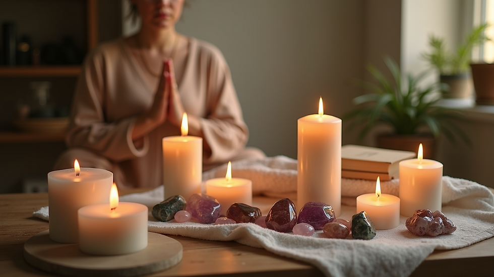 Close-up view of a serene meditation space with candles and crystals