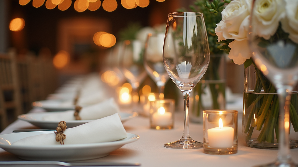 Eye-level view of a beautifully decorated wedding reception table with personalized centerpieces