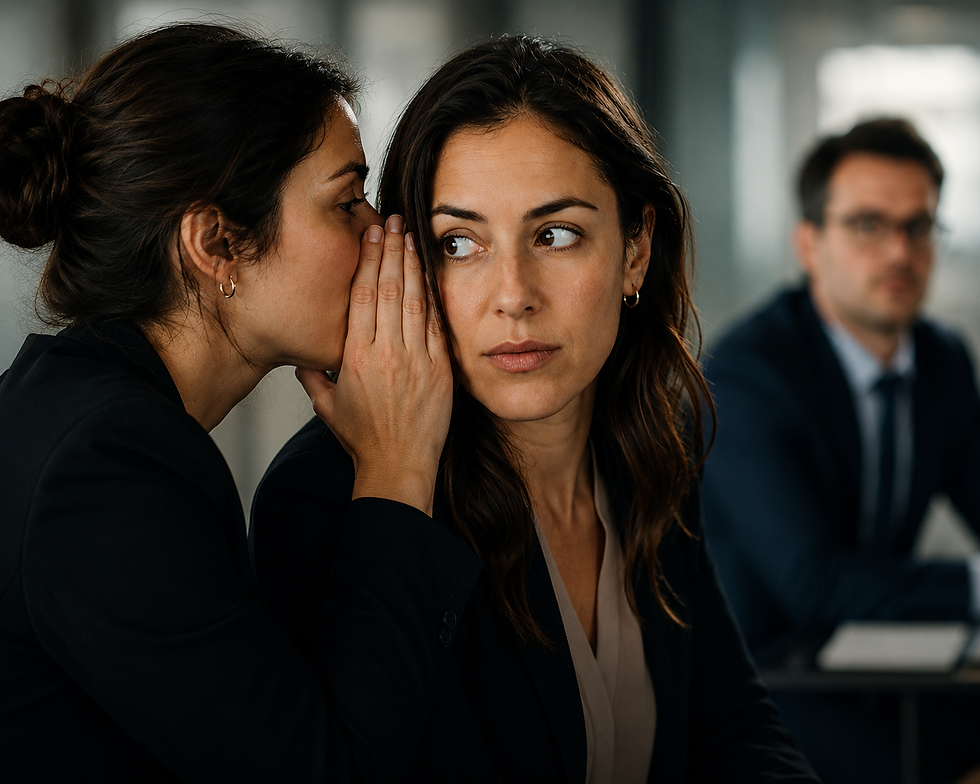 Two colleagues speaking quietly in an office, representing how shared interpretations and workplace narratives can develop through everyday conversations.