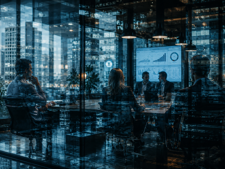 Commercial team reflection behind glass showing visible systems and invisible regulation in sales performance