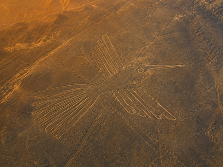Aerial view of a Nazca-style geoglyph in a desert landscape, illustrating how a new vantage point can reveal patterns that were previously difficult to see.