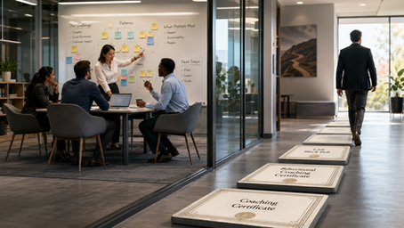 A facilitator leaves a meeting room while a team continues reflecting together, with certificate-shaped elements highlighting professional credentials as one aspect of development support.