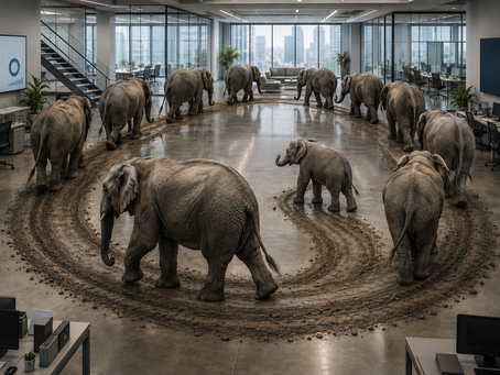 Elephants walking repeatedly in circular muddy paths inside a modern office, symbolising recurring organisational patterns, behavioural loops, and systemic adaptation.